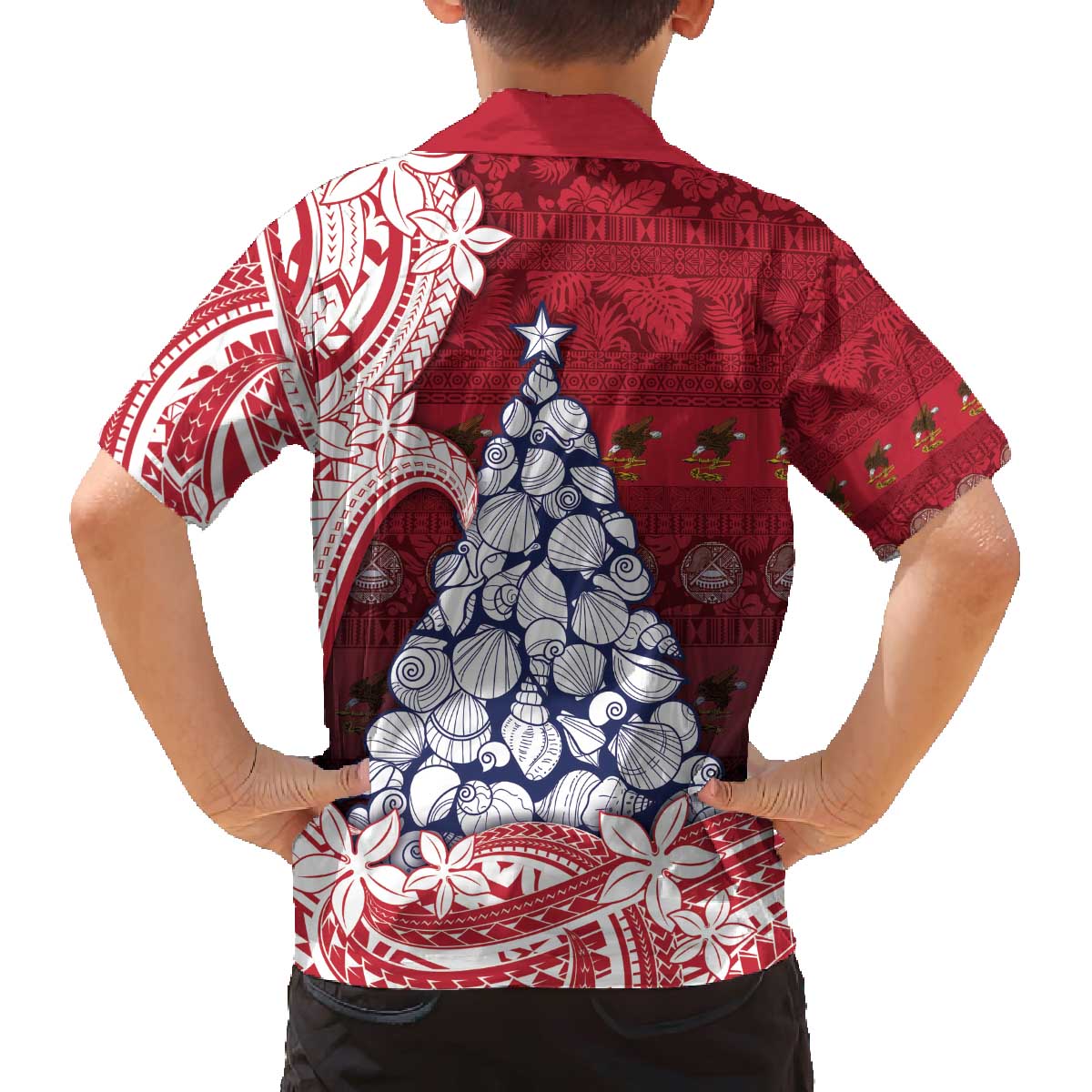American Samoa Christmas Family Matching Off The Shoulder Long Sleeve Dress and Hawaiian Shirt Seashell Xmas Tree Tribal Waves - Polynesian Pride