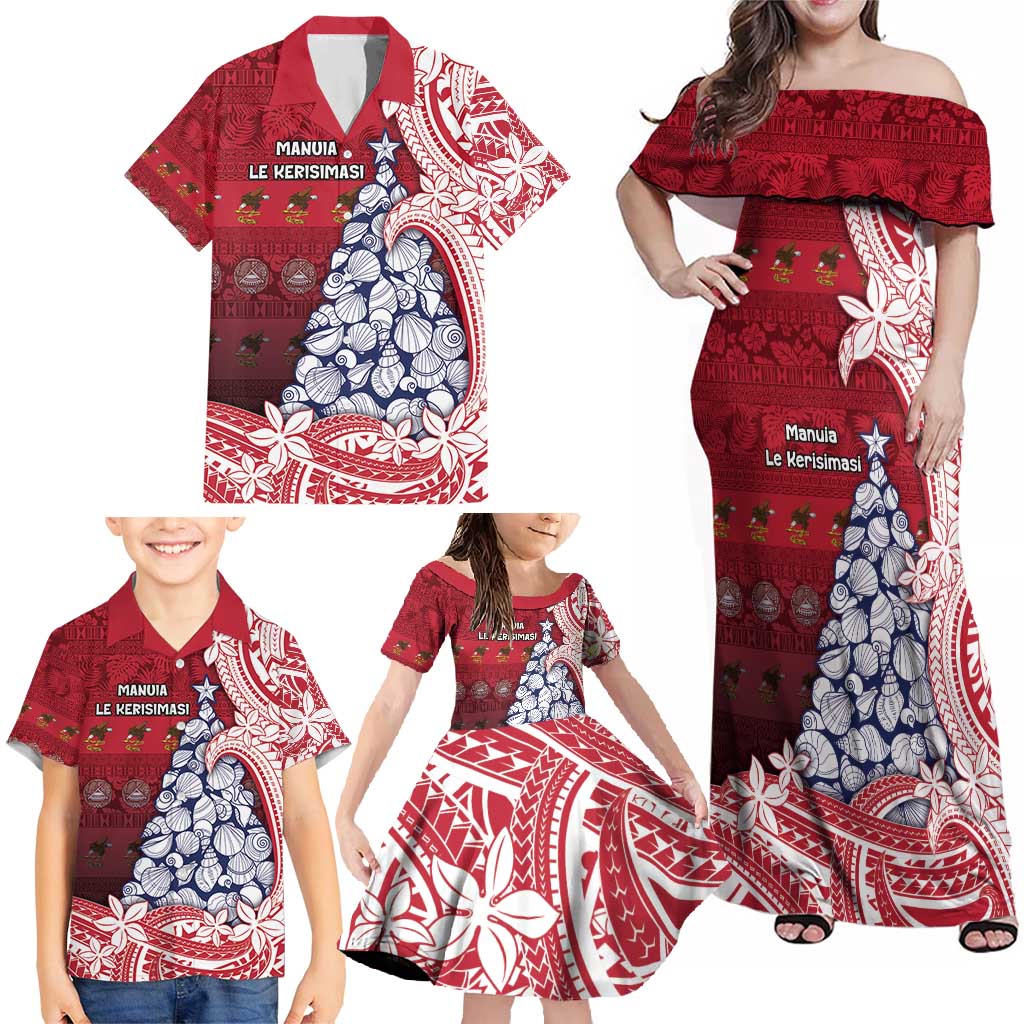American Samoa Christmas Family Matching Off Shoulder Maxi Dress and Hawaiian Shirt Seashell Xmas Tree Tribal Waves - Polynesian Pride