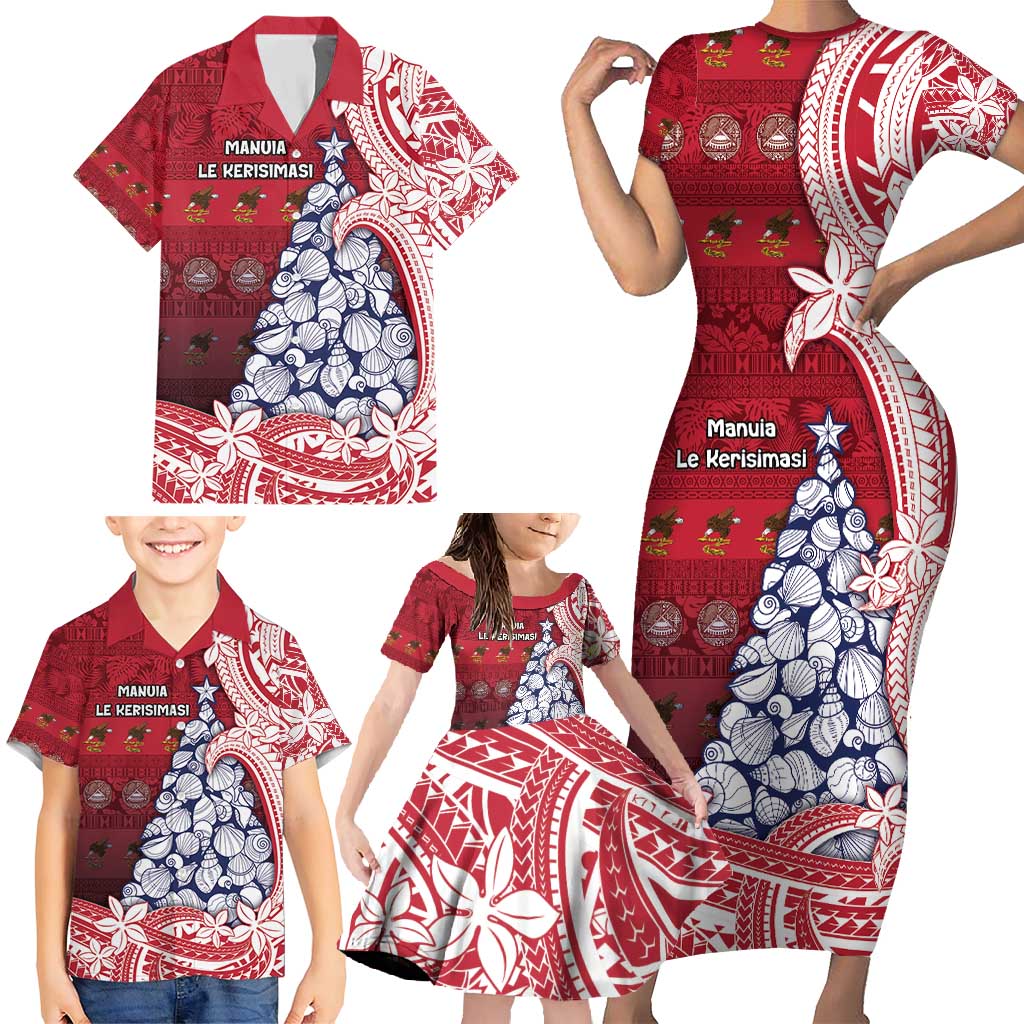 American Samoa Christmas Family Matching Short Sleeve Bodycon Dress and Hawaiian Shirt Seashell Xmas Tree Tribal Waves - Polynesian Pride