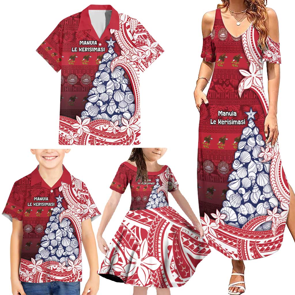 American Samoa Christmas Family Matching Summer Maxi Dress and Hawaiian Shirt Seashell Xmas Tree Tribal Waves - Polynesian Pride