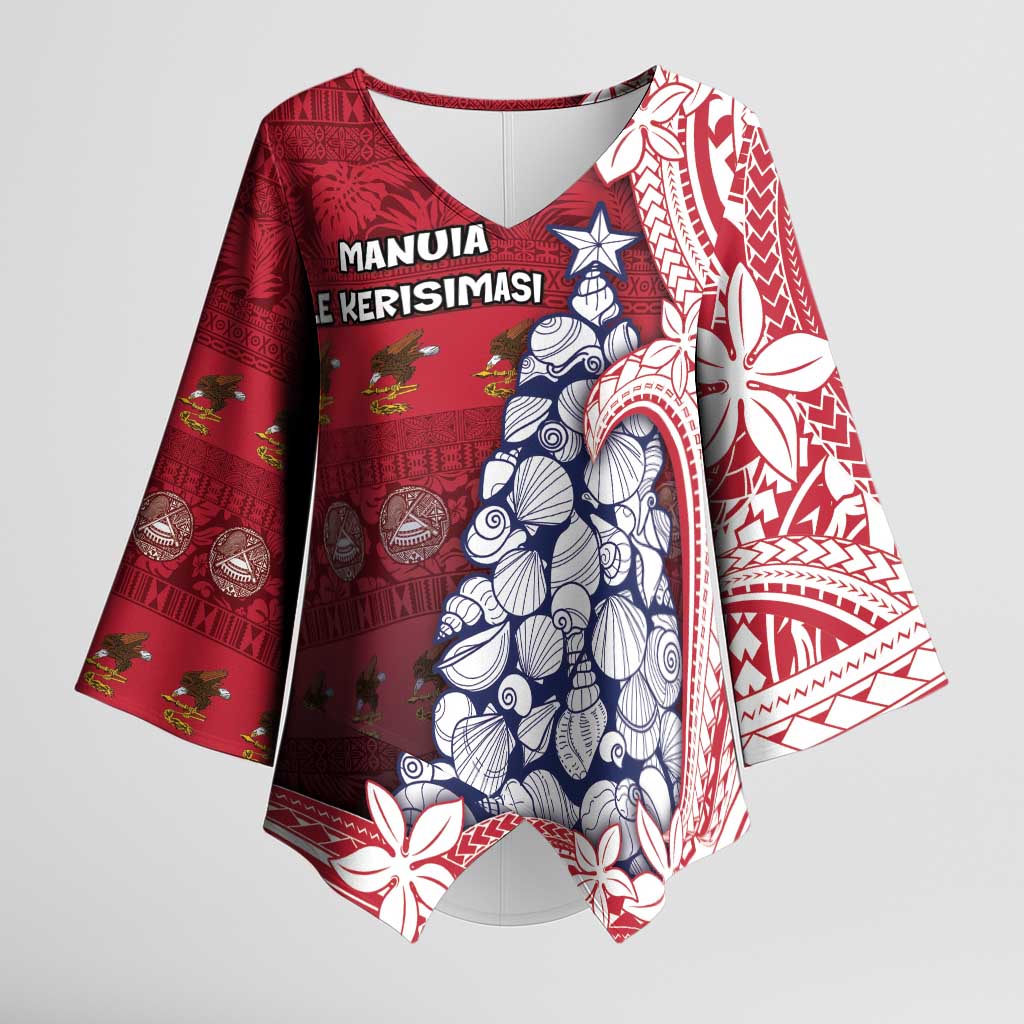 American Samoa Christmas Kimono Sleeve Blouse Seashell Xmas Tree Tribal Waves - Polynesian Pride