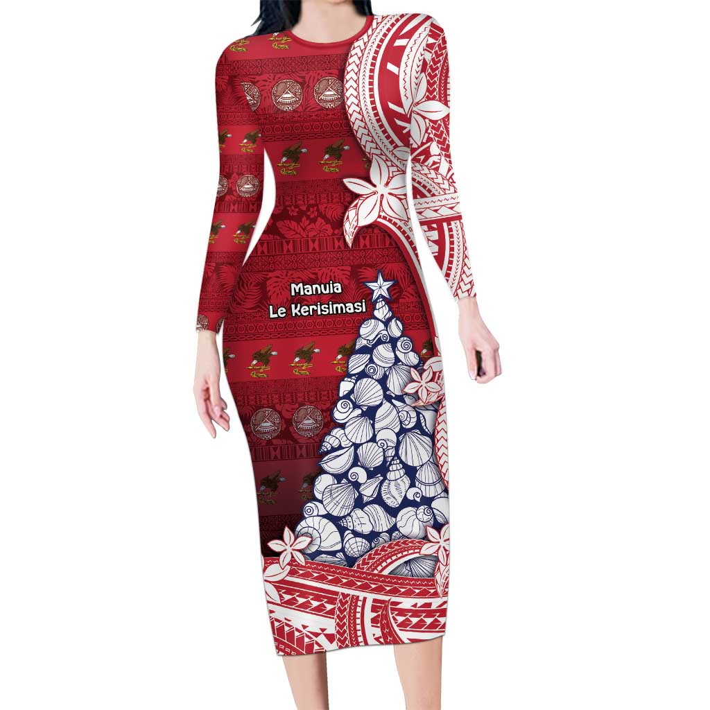 American Samoa Christmas Long Sleeve Bodycon Dress Seashell Xmas Tree Tribal Waves - Polynesian Pride