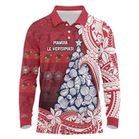 American Samoa Christmas Long Sleeve Polo Shirt Seashell Xmas Tree Tribal Waves - Polynesian Pride