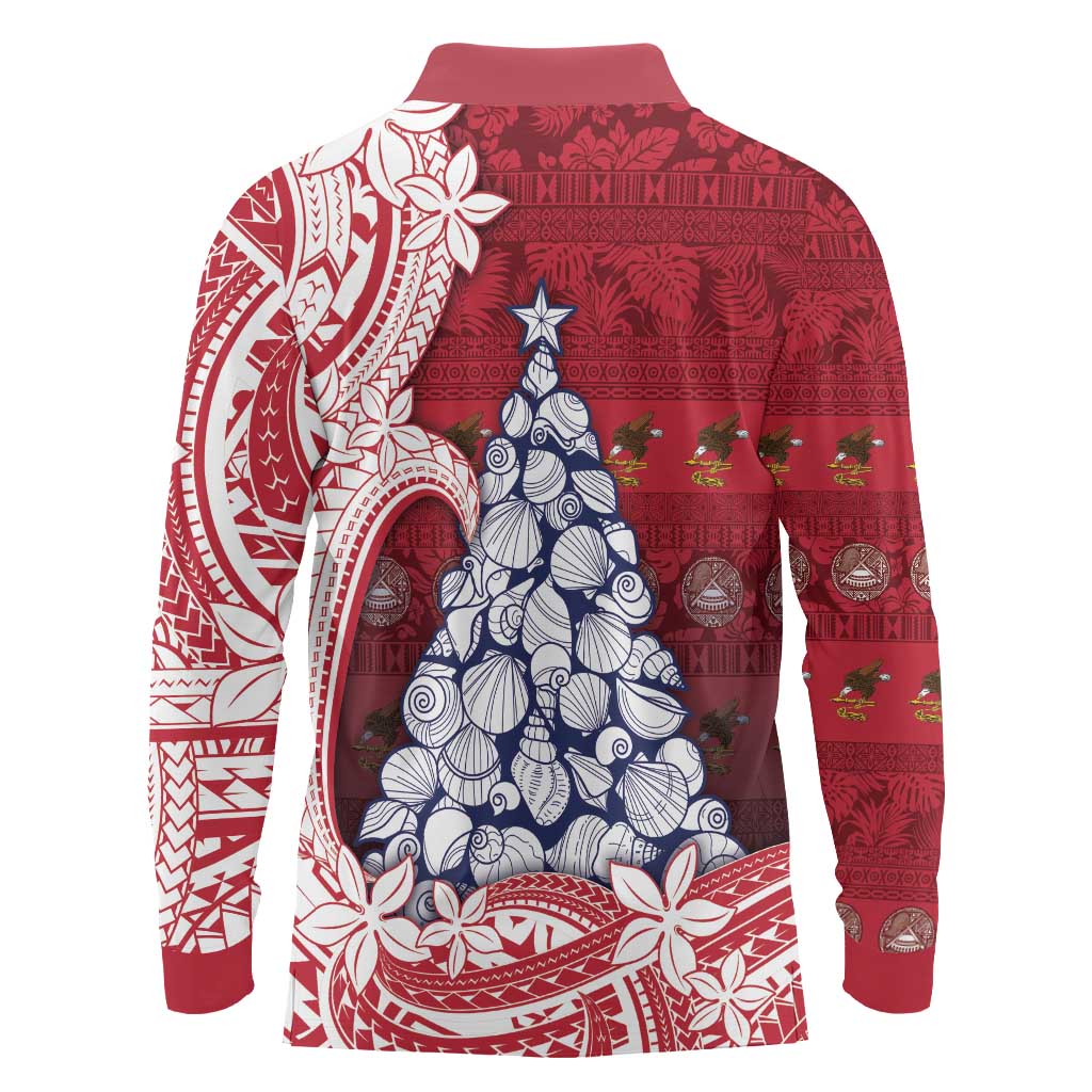 American Samoa Christmas Long Sleeve Polo Shirt Seashell Xmas Tree Tribal Waves - Polynesian Pride