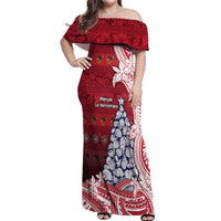 American Samoa Christmas Off Shoulder Maxi Dress Seashell Xmas Tree Tribal Waves - Polynesian Pride