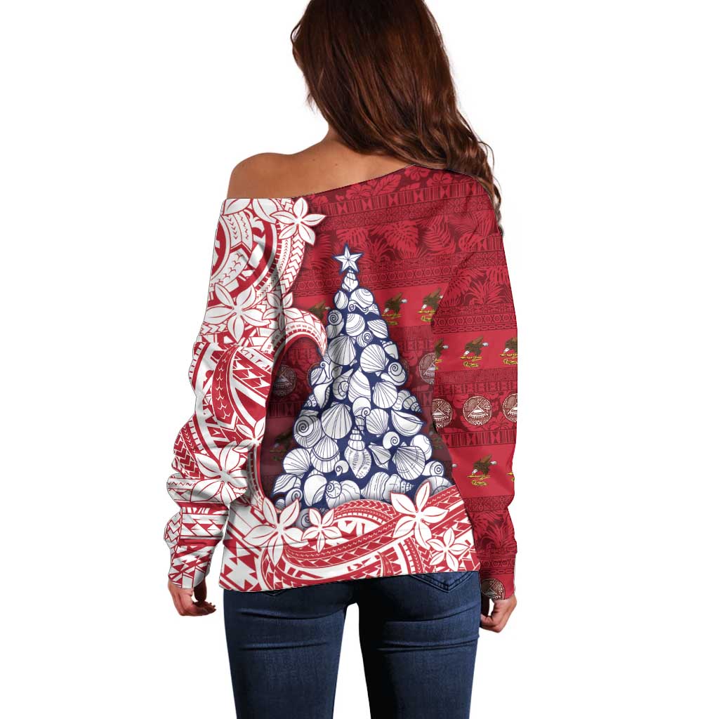 American Samoa Christmas Off Shoulder Sweater Seashell Xmas Tree Tribal Waves - Polynesian Pride