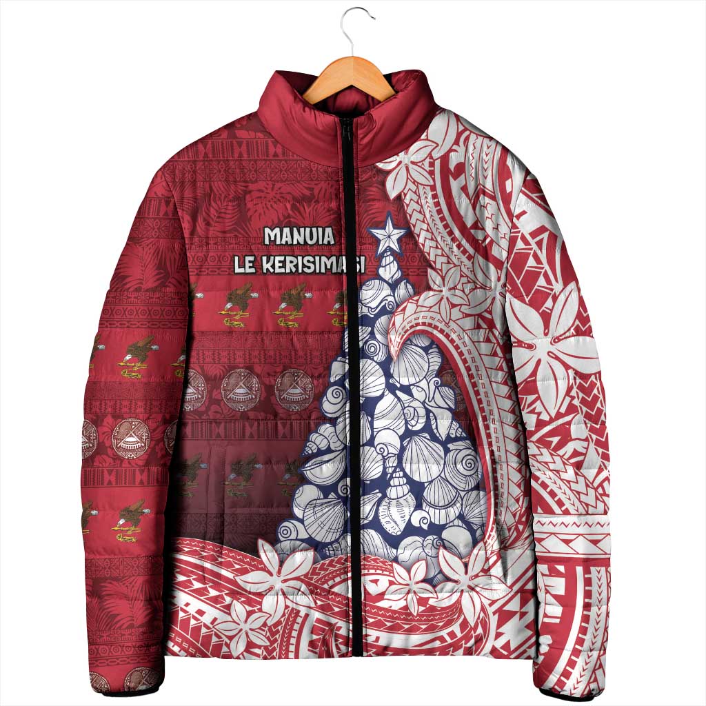 American Samoa Christmas Padded Jacket Seashell Xmas Tree Tribal Waves - Polynesian Pride