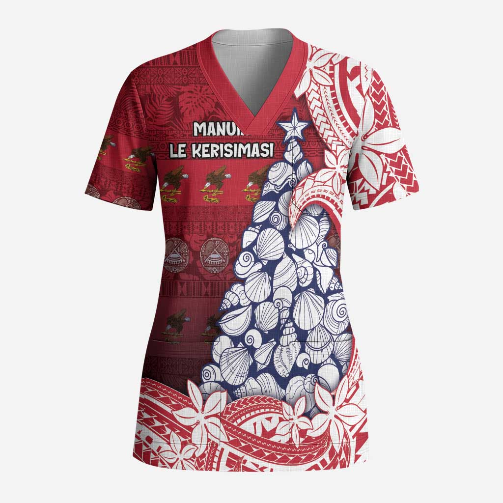 American Samoa Christmas Scrub Top Seashell Xmas Tree Tribal Waves - Polynesian Pride