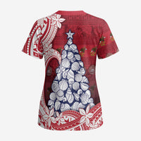 American Samoa Christmas Scrub Top Seashell Xmas Tree Tribal Waves - Polynesian Pride