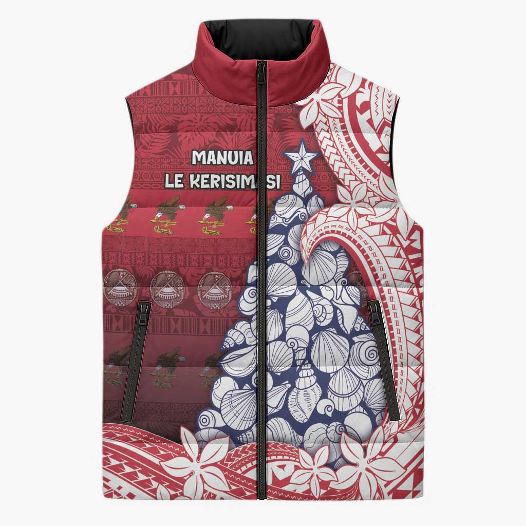 American Samoa Christmas Sleeveless Puffer Jacket Seashell Xmas Tree Tribal Waves - Polynesian Pride