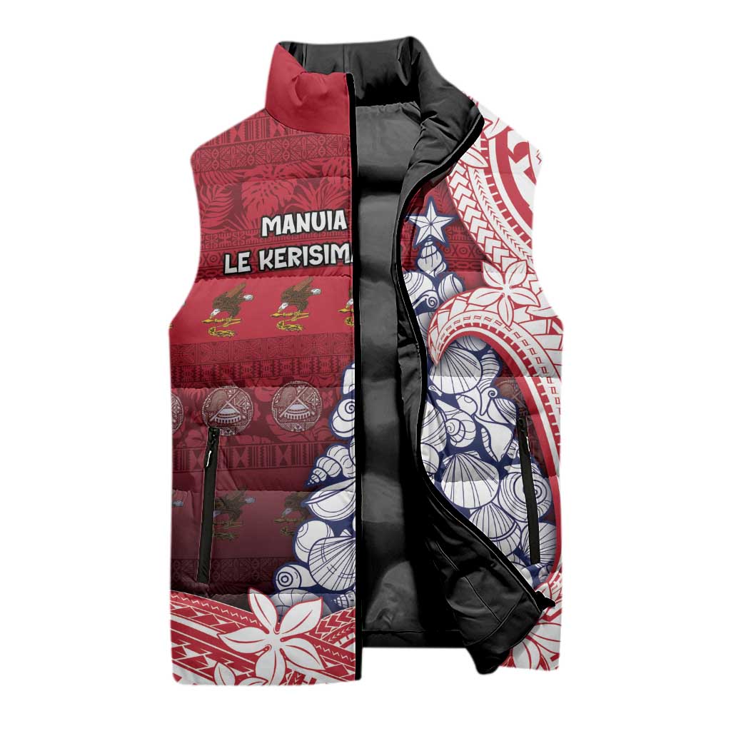 American Samoa Christmas Sleeveless Puffer Jacket Seashell Xmas Tree Tribal Waves - Polynesian Pride