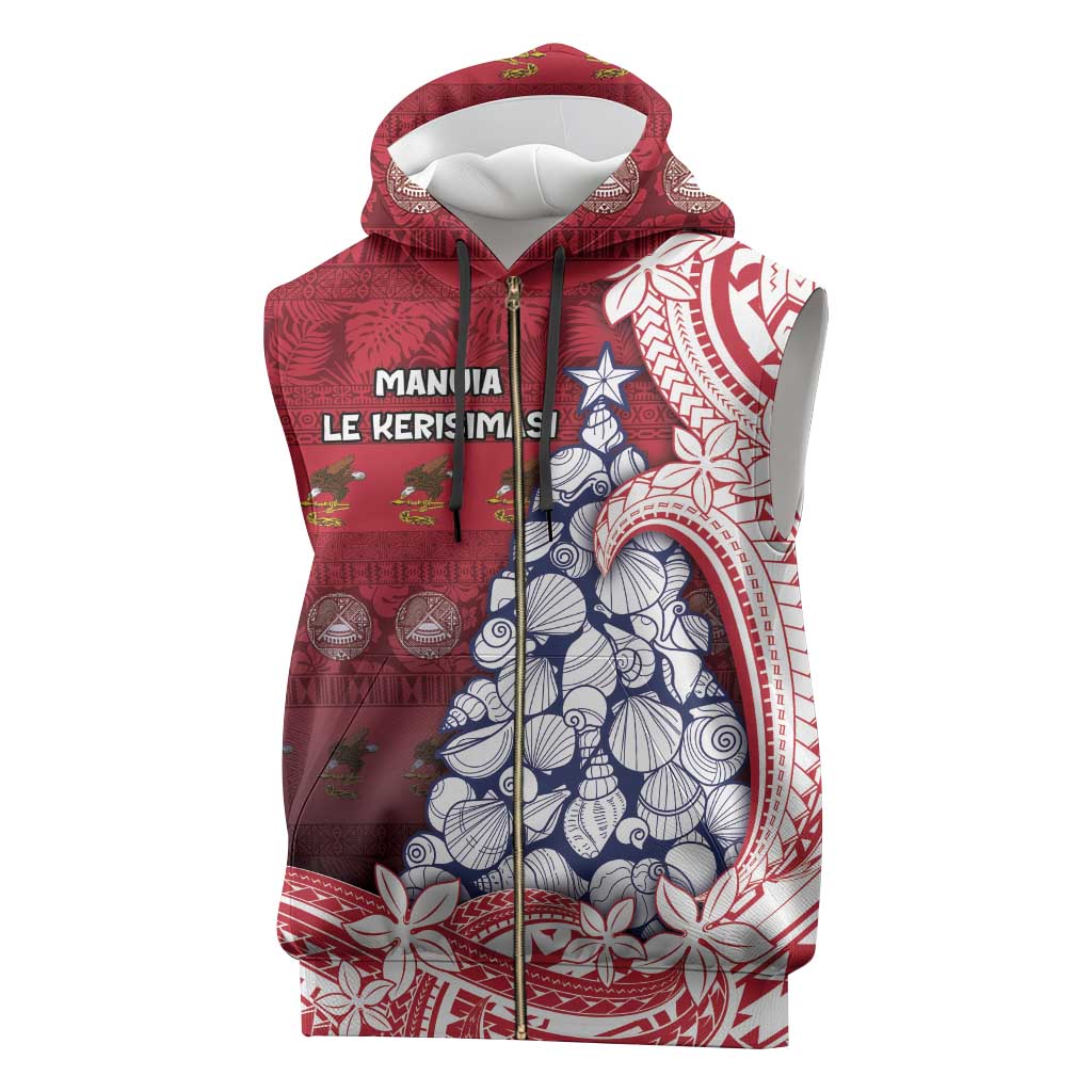 American Samoa Christmas Sleeveless Zip Hoodie Seashell Xmas Tree Tribal Waves - Polynesian Pride