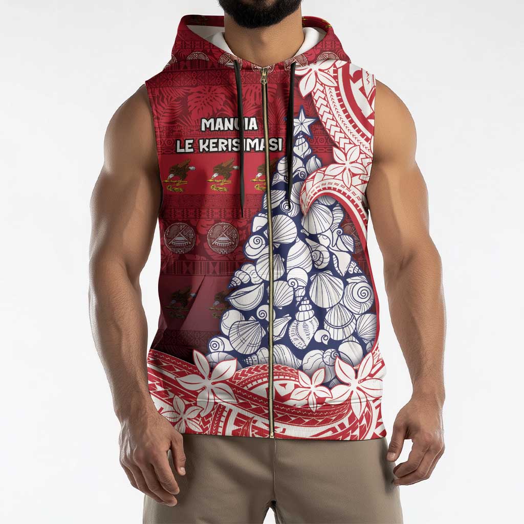 American Samoa Christmas Sleeveless Zip Hoodie Seashell Xmas Tree Tribal Waves - Polynesian Pride