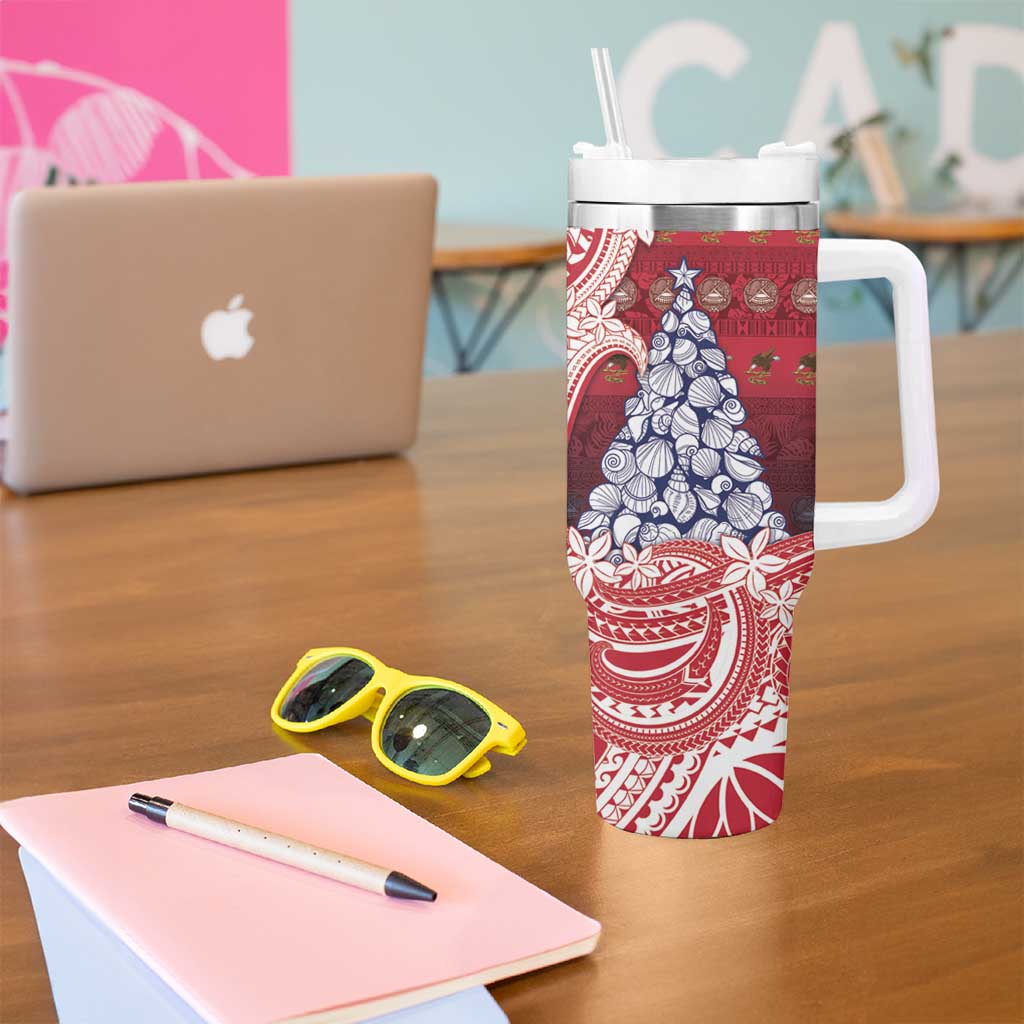 American Samoa Christmas Tumbler With Handle Seashell Xmas Tree Tribal Waves - Polynesian Pride