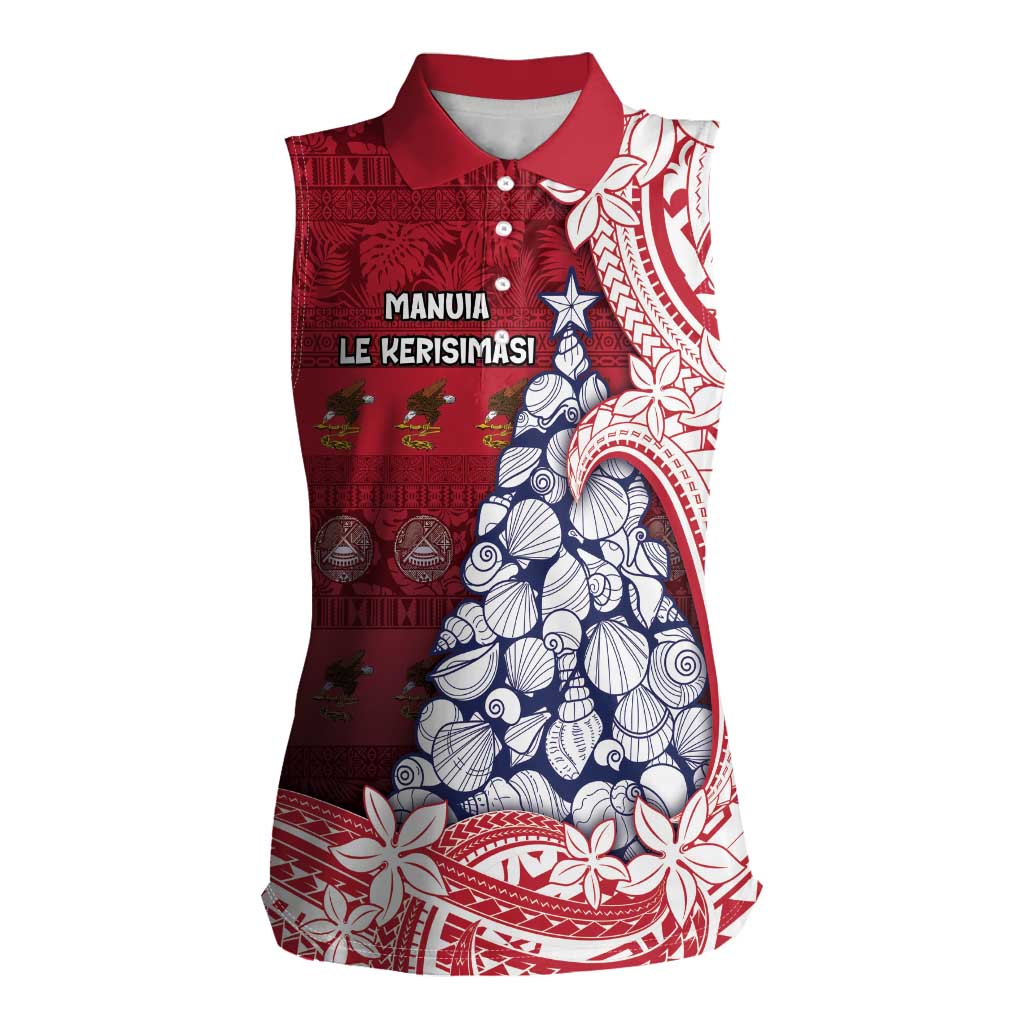 American Samoa Christmas Women Sleeveless Polo Shirt Seashell Xmas Tree Tribal Waves - Polynesian Pride