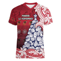 American Samoa Christmas Women V-Neck T-Shirt Seashell Xmas Tree Tribal Waves - Polynesian Pride