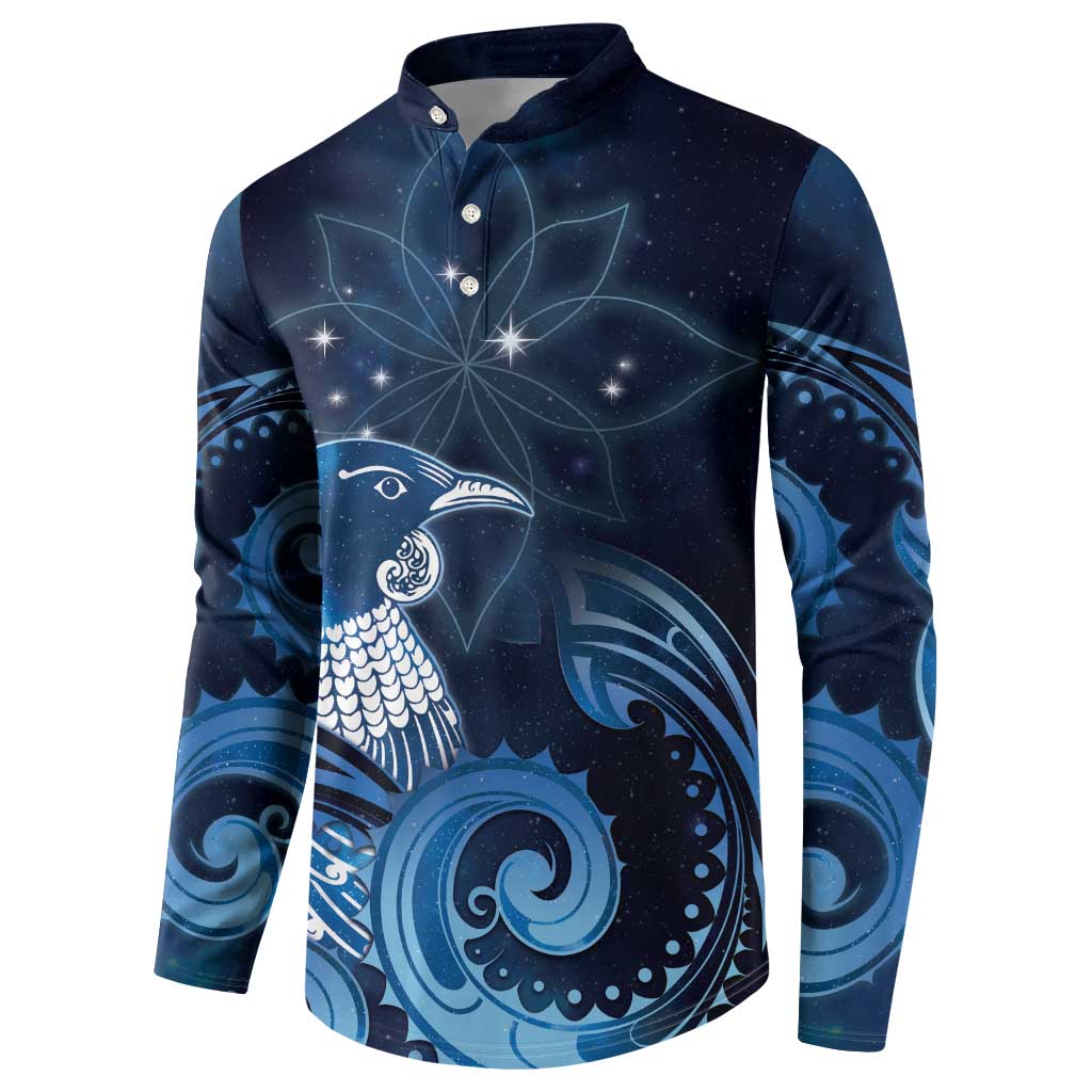 New Zealand Matariki Button Sweatshirt Maori Tui Bird Blue Galaxy