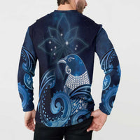 New Zealand Matariki Button Sweatshirt Maori Tui Bird Blue Galaxy