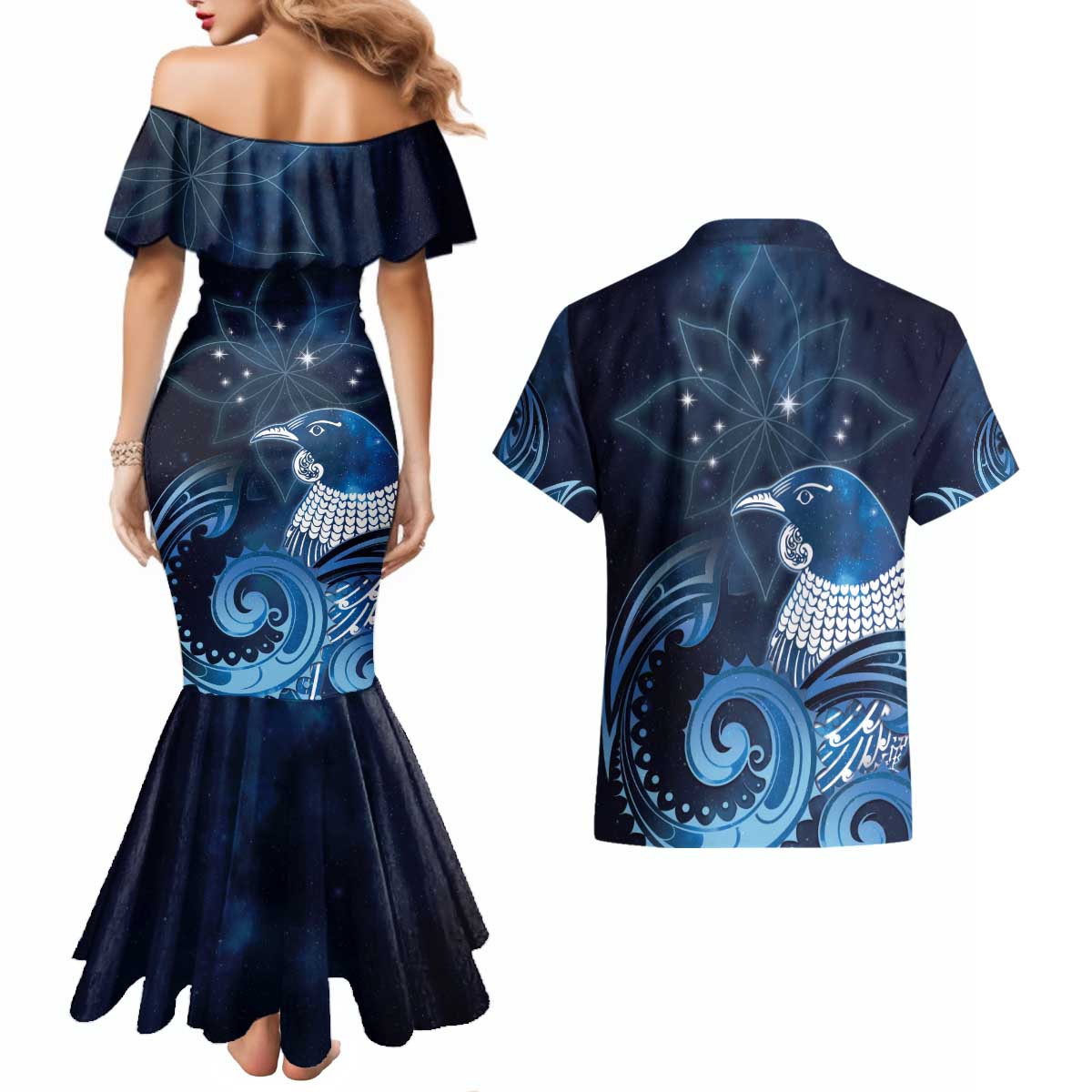 New Zealand Matariki Couples Matching Mermaid Dress and Hawaiian Shirt Maori Tui Bird Blue Galaxy DT05 - Polynesian Pride