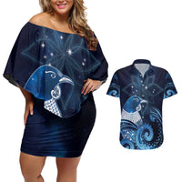 New Zealand Matariki Couples Matching Off Shoulder Short Dress and Hawaiian Shirt Maori Tui Bird Blue Galaxy DT05 Blue - Polynesian Pride
