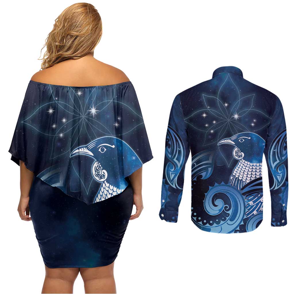 New Zealand Matariki Couples Matching Off Shoulder Short Dress and Long Sleeve Button Shirt Maori Tui Bird Blue Galaxy