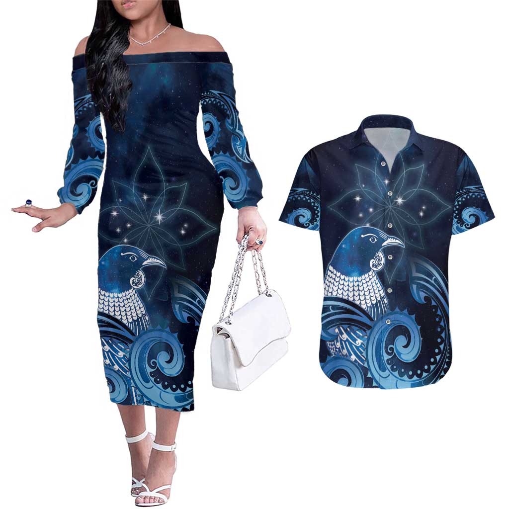 New Zealand Matariki Couples Matching Off The Shoulder Long Sleeve Dress and Hawaiian Shirt Maori Tui Bird Blue Galaxy DT05 Blue - Polynesian Pride