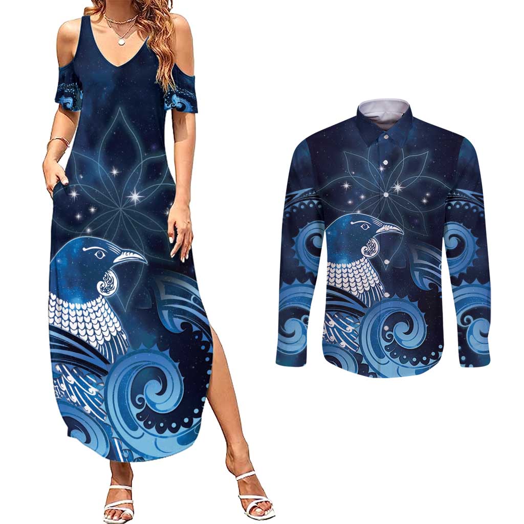New Zealand Matariki Couples Matching Summer Maxi Dress and Long Sleeve Button Shirt Maori Tui Bird Blue Galaxy