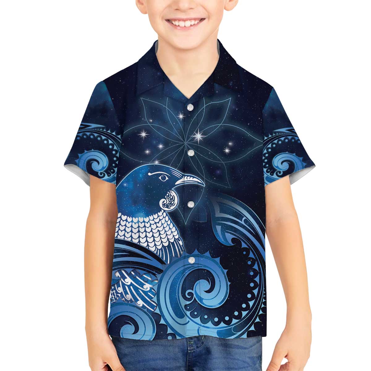 New Zealand Matariki Family Matching Off The Shoulder Long Sleeve Dress and Hawaiian Shirt Maori Tui Bird Blue Galaxy