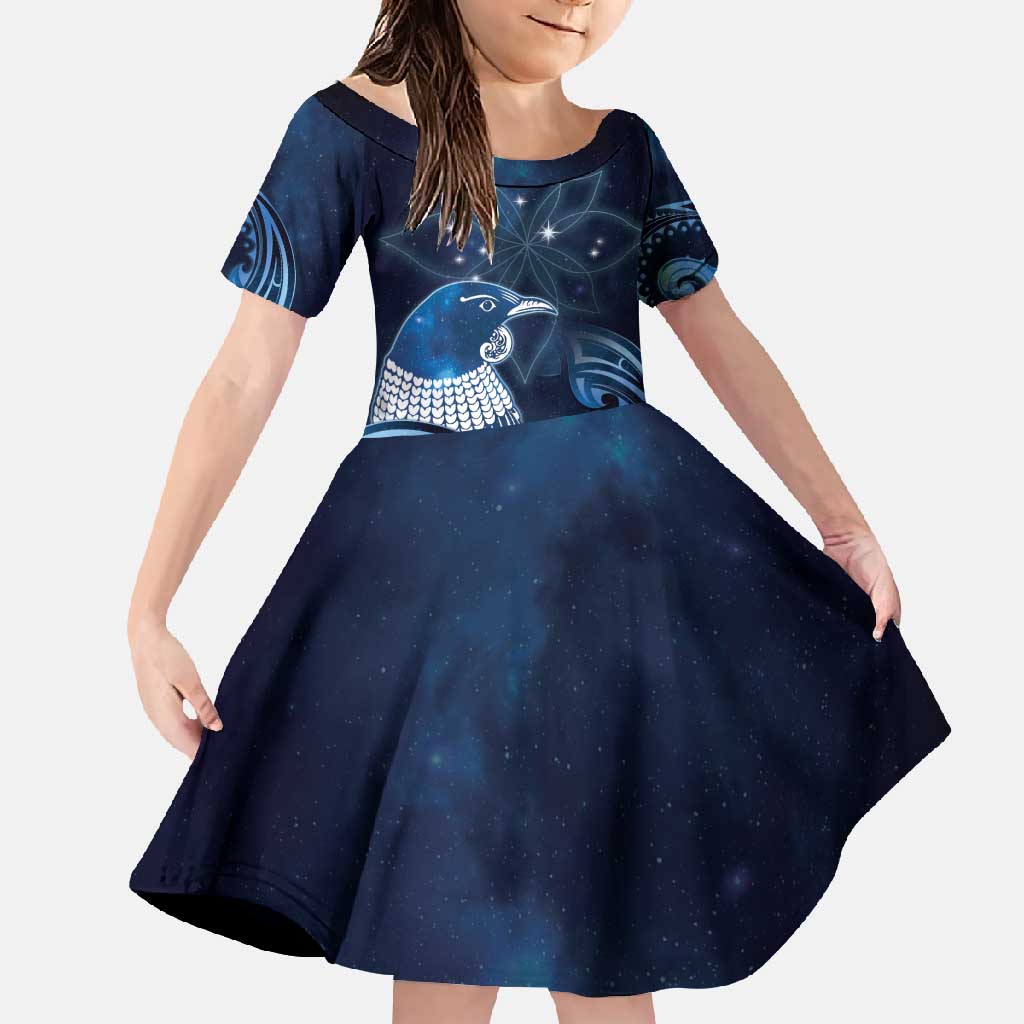 New Zealand Matariki Family Matching Off Shoulder Maxi Dress and Hawaiian Shirt Maori Tui Bird Blue Galaxy