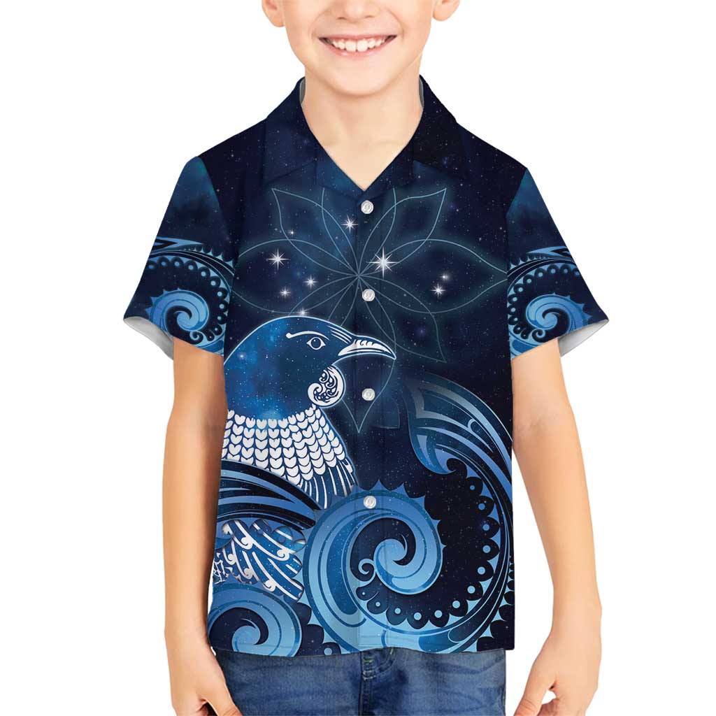 New Zealand Matariki Family Matching Off Shoulder Short Dress and Hawaiian Shirt Maori Tui Bird Blue Galaxy
