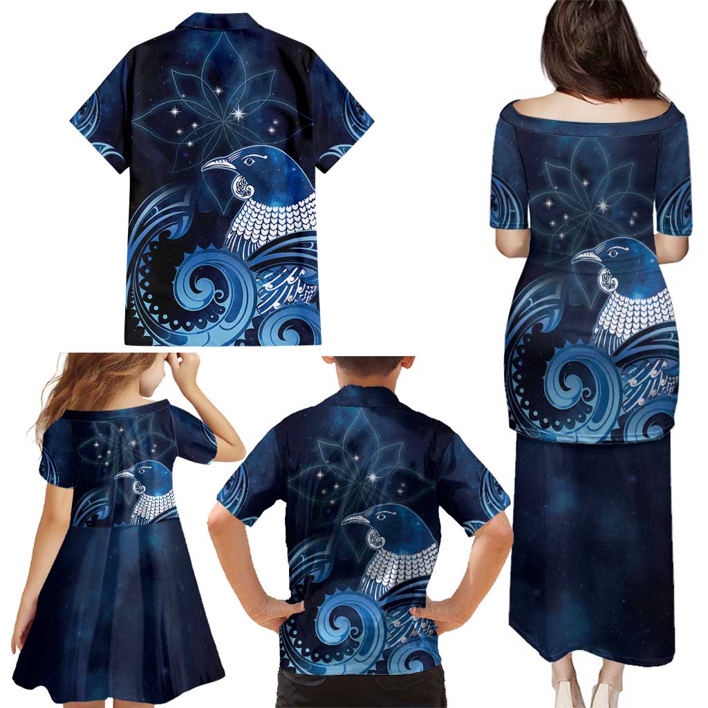 New Zealand Matariki Family Matching Puletasi and Hawaiian Shirt Maori Tui Bird Blue Galaxy