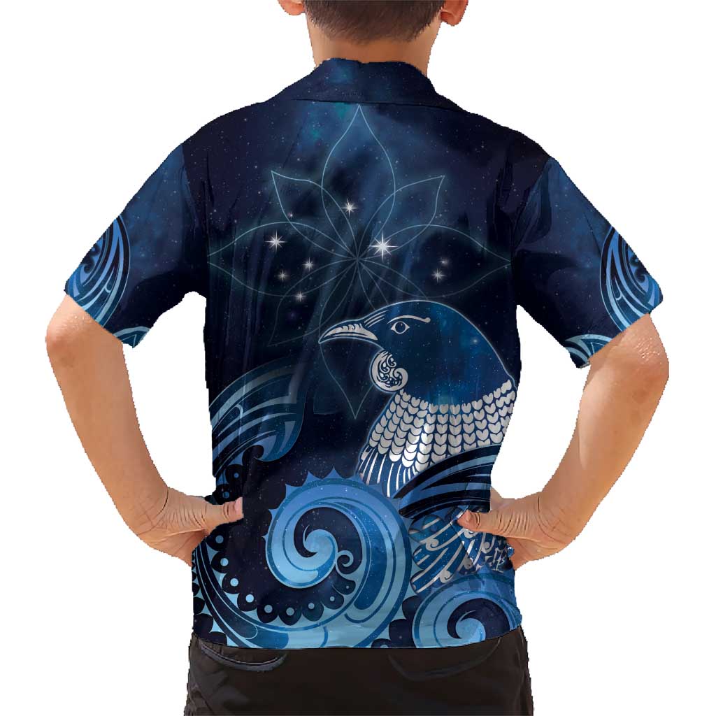 New Zealand Matariki Family Matching Short Sleeve Bodycon Dress and Hawaiian Shirt Maori Tui Bird Blue Galaxy