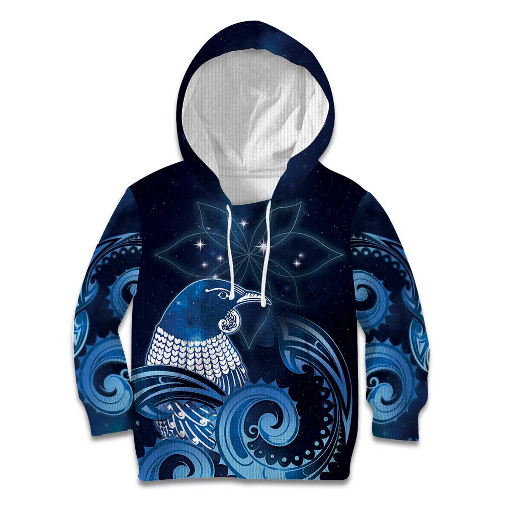 New Zealand Matariki Kid Hoodie Maori Tui Bird Blue Galaxy