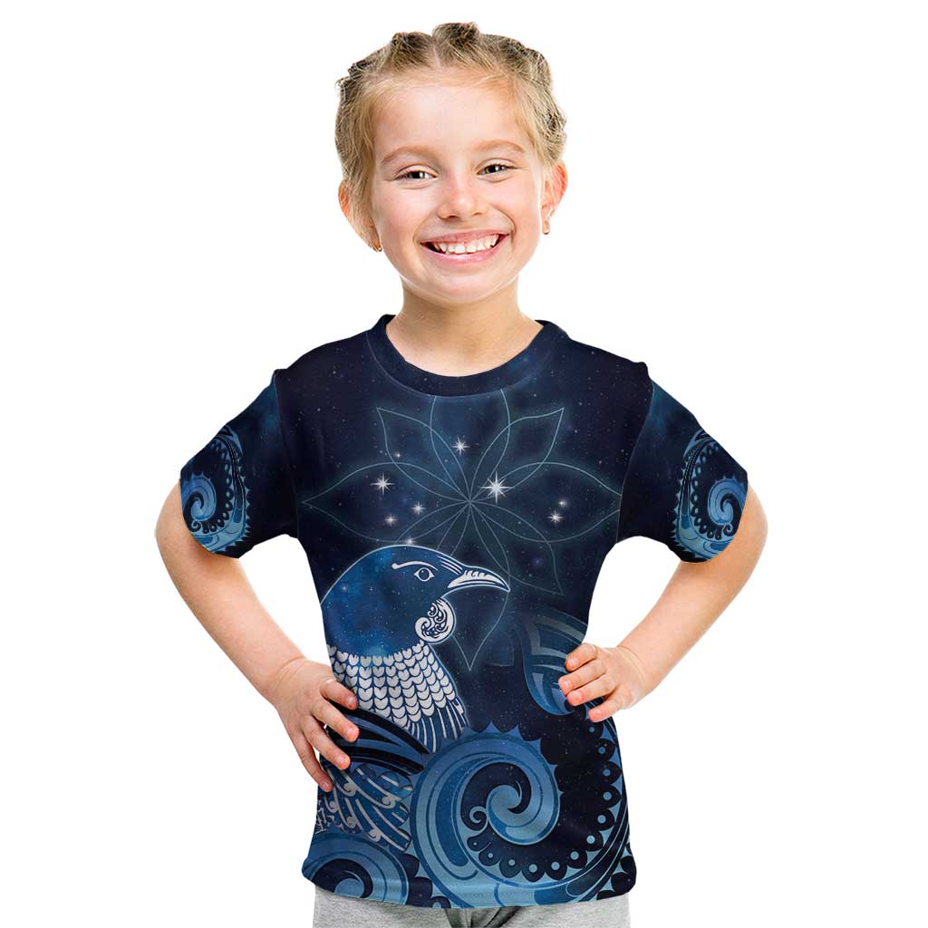 New Zealand Matariki Kid T Shirt Maori Tui Bird Blue Galaxy