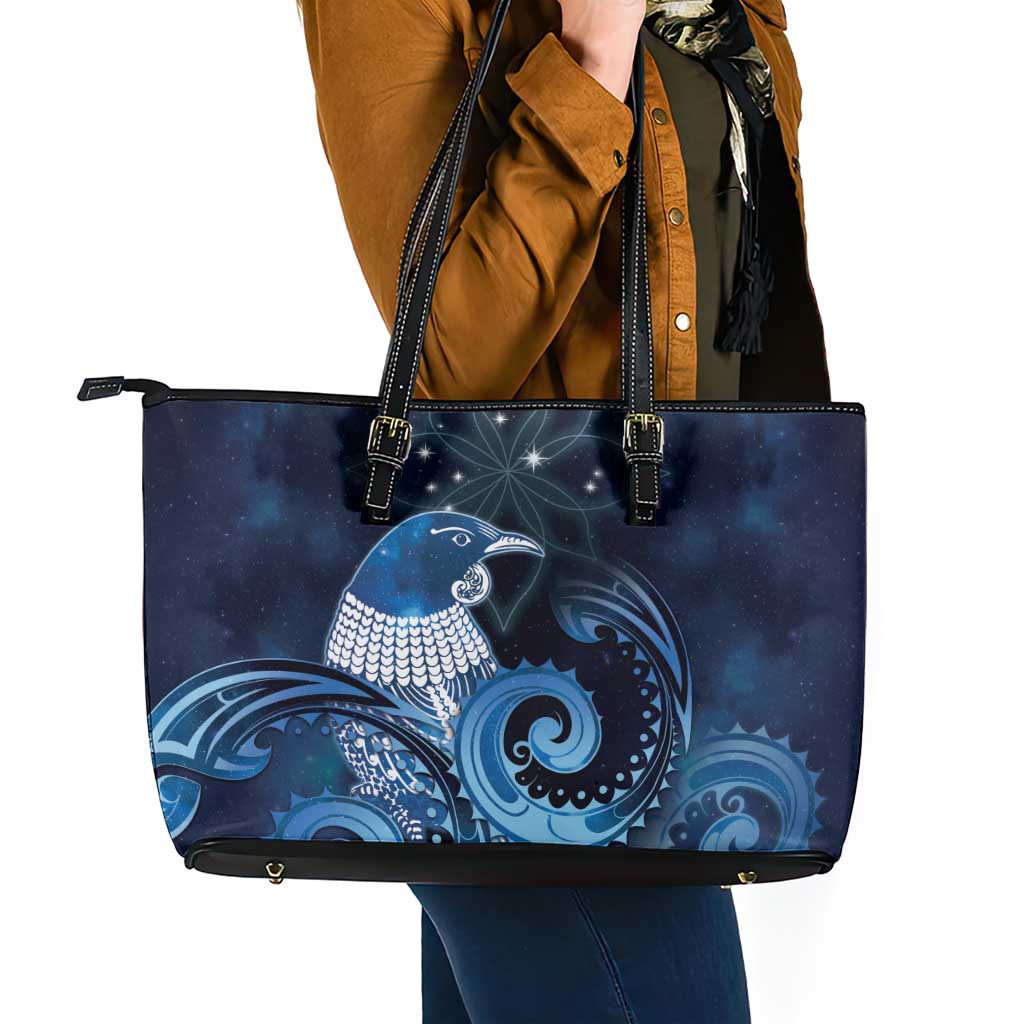 New Zealand Matariki Leather Tote Bag Maori Tui Bird Blue Galaxy