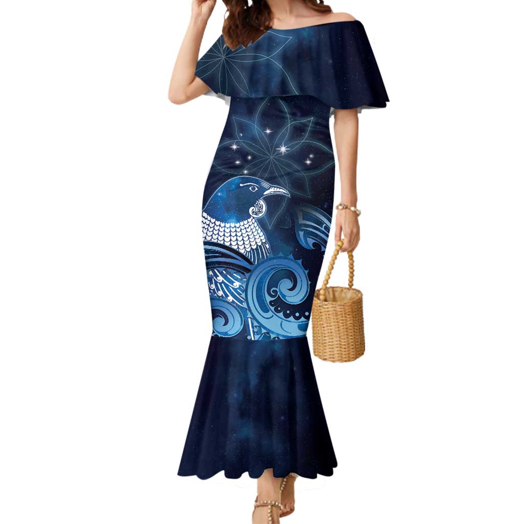 New Zealand Matariki Mermaid Dress Maori Tui Bird Blue Galaxy DT05 Women Blue - Polynesian Pride