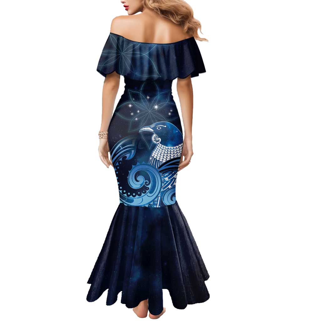 New Zealand Matariki Mermaid Dress Maori Tui Bird Blue Galaxy DT05 - Polynesian Pride