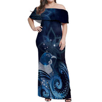 New Zealand Matariki Off Shoulder Maxi Dress Maori Tui Bird Blue Galaxy DT05 Women Blue - Polynesian Pride