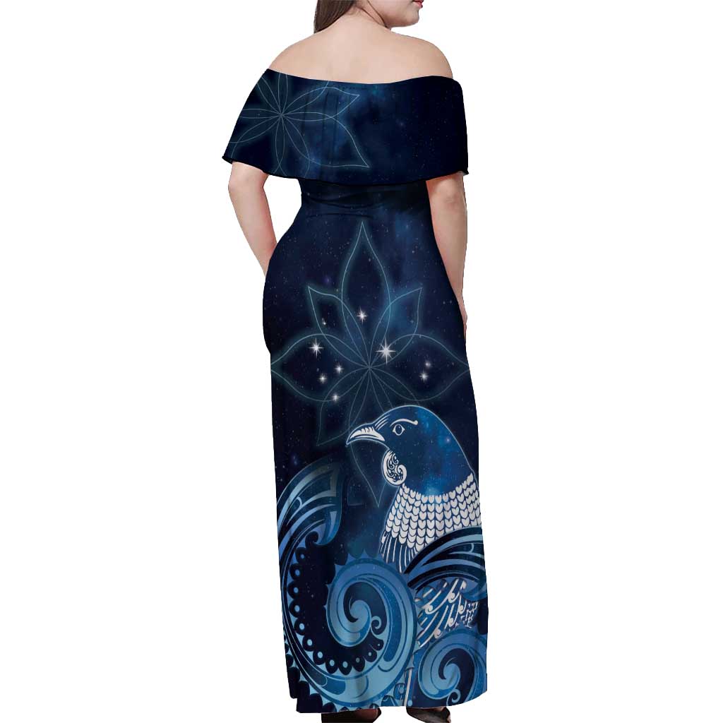 New Zealand Matariki Off Shoulder Maxi Dress Maori Tui Bird Blue Galaxy DT05 - Polynesian Pride