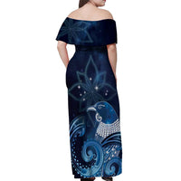 New Zealand Matariki Off Shoulder Maxi Dress Maori Tui Bird Blue Galaxy DT05 - Polynesian Pride