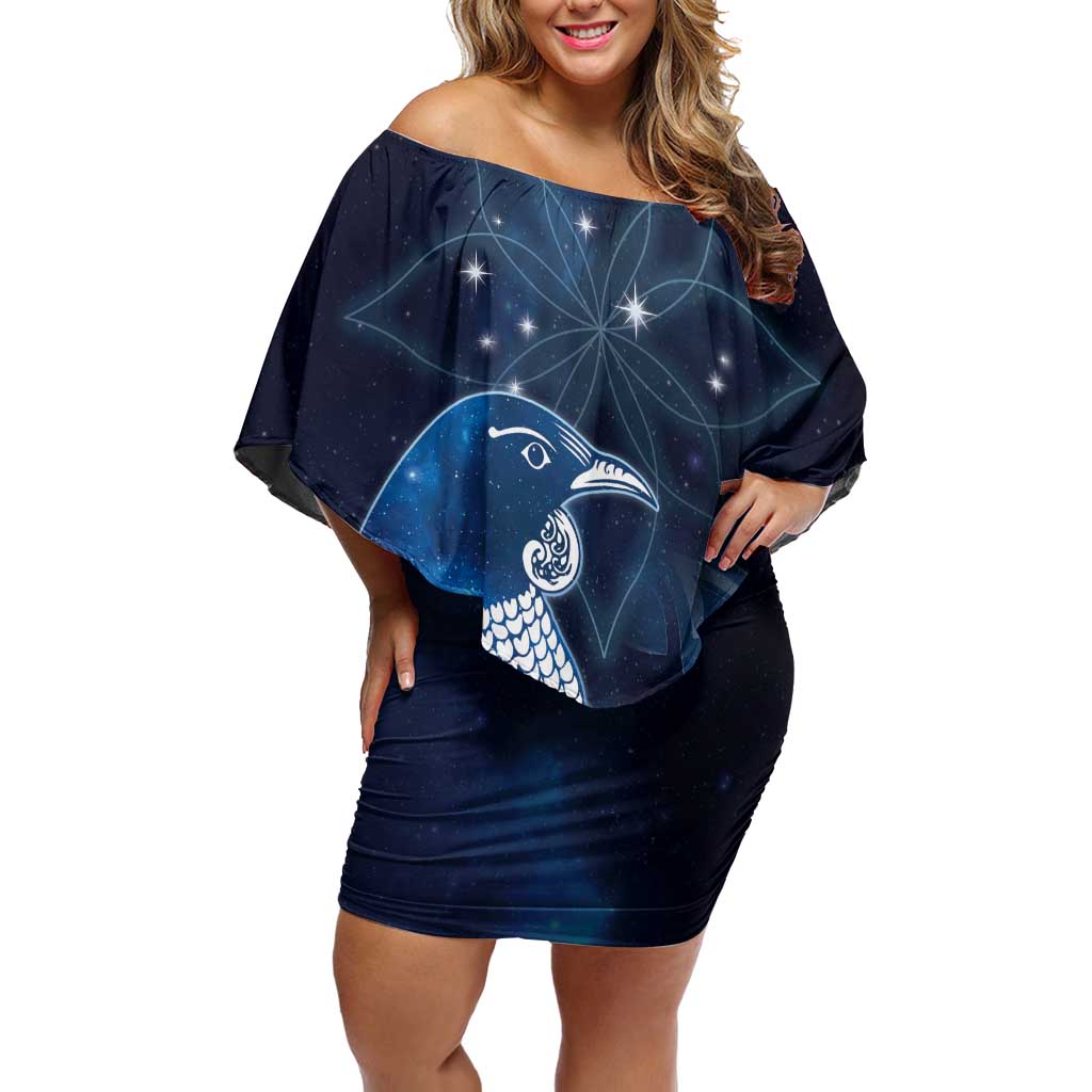 New Zealand Matariki Off Shoulder Short Dress Maori Tui Bird Blue Galaxy