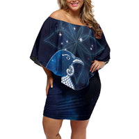 New Zealand Matariki Off Shoulder Short Dress Maori Tui Bird Blue Galaxy DT05 Women Blue - Polynesian Pride
