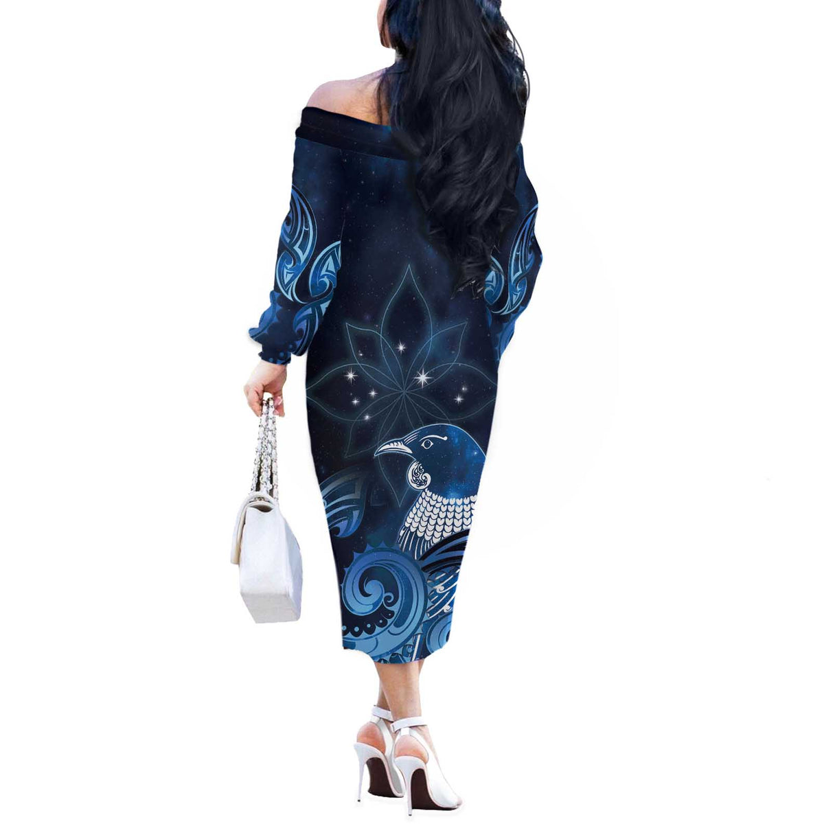 New Zealand Matariki Off The Shoulder Long Sleeve Dress Maori Tui Bird Blue Galaxy DT05 - Polynesian Pride