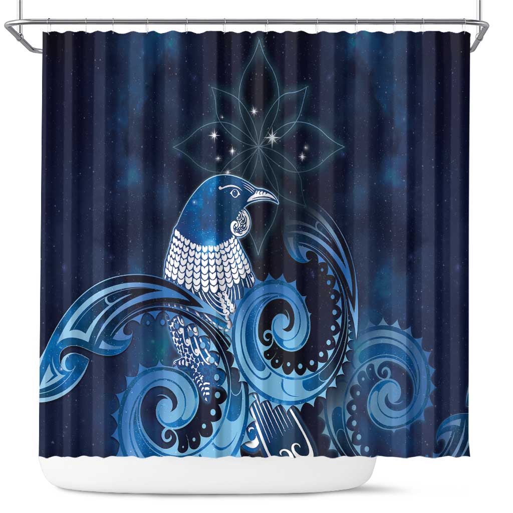 New Zealand Matariki Shower Curtain Maori Tui Bird Blue Galaxy