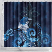 New Zealand Matariki Shower Curtain Maori Tui Bird Blue Galaxy