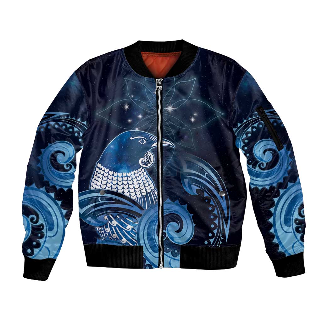 New Zealand Matariki Sleeve Zip Bomber Jacket Maori Tui Bird Blue Galaxy