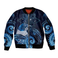 New Zealand Matariki Sleeve Zip Bomber Jacket Maori Tui Bird Blue Galaxy