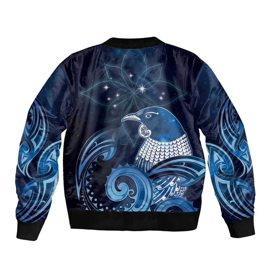 New Zealand Matariki Sleeve Zip Bomber Jacket Maori Tui Bird Blue Galaxy