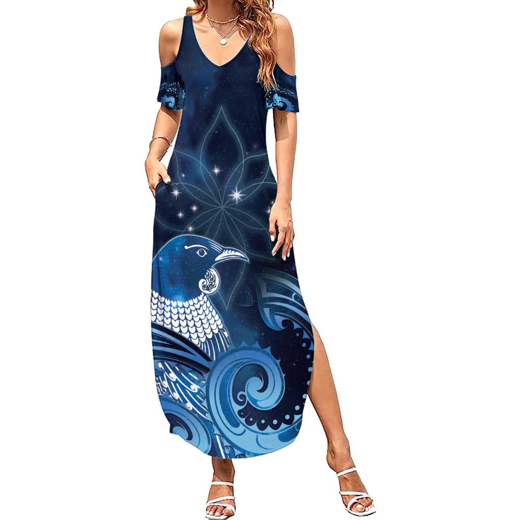 New Zealand Matariki Summer Maxi Dress Maori Tui Bird Blue Galaxy DT05 Women Blue - Polynesian Pride
