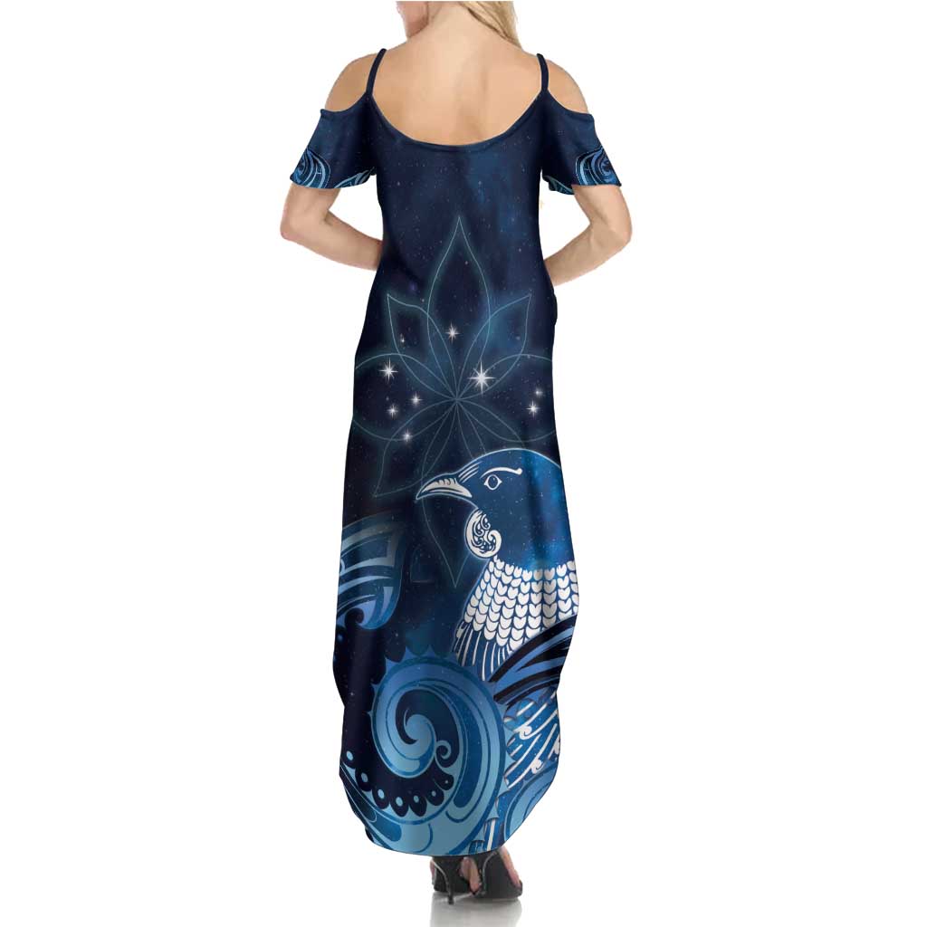 New Zealand Matariki Summer Maxi Dress Maori Tui Bird Blue Galaxy DT05 - Polynesian Pride
